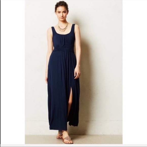 Anthropologie Bailey 44 Navy Blue Maxi Dress Sz Large Slit Scoop Neck Ruched - Picture 2 of 13